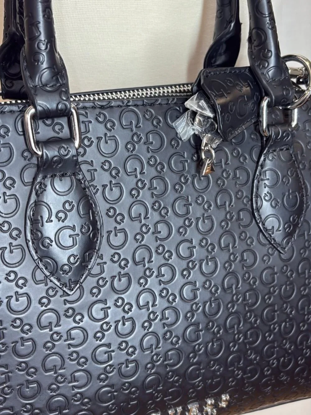 Guess Los Angeles Black Logo-Embossed Satchel